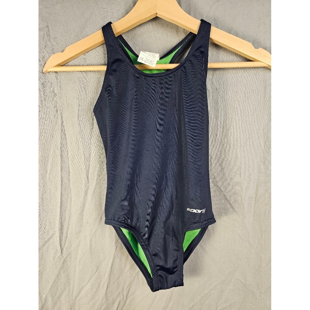 Sporti Girls Solid Racer Back One Piece Swimsuit Navy Blue Green Small 6/6X NWT